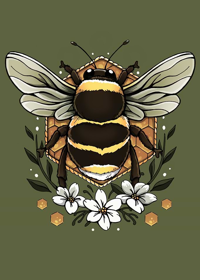 Bee on Honeycomb with Flowers
