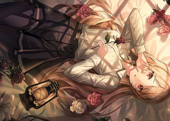 Anime Girl with Roses and Lantern