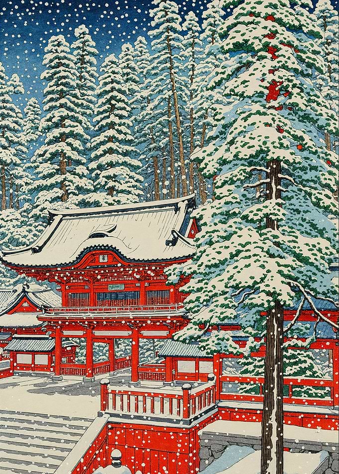 Winter Japanese Temple in Snowy Forest