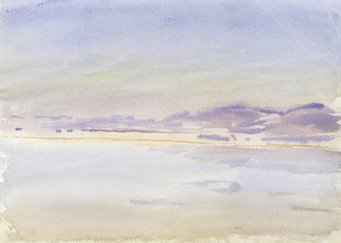 Watercolor Seascape with Cloudy Sky
