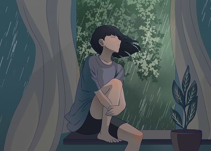 girl in window during rain