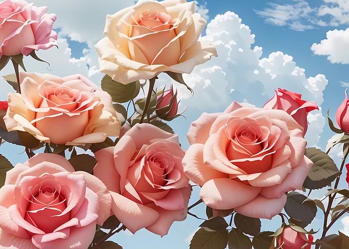 Roses in Bloom Against a Cloudy Sky