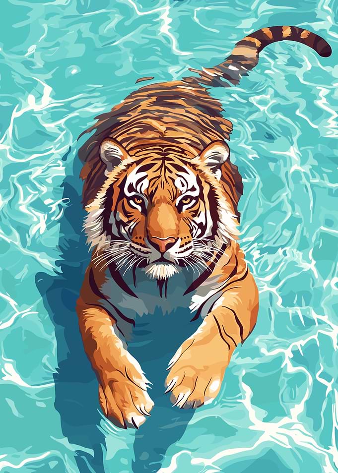 Tiger Swimming in Blue Water