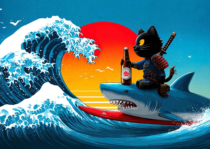 Samurai Cat Riding Shark on Wave