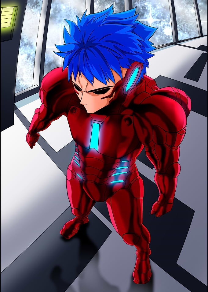 Red Armored Character with Blue Hair