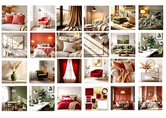 Interior design moodboard with various rooms