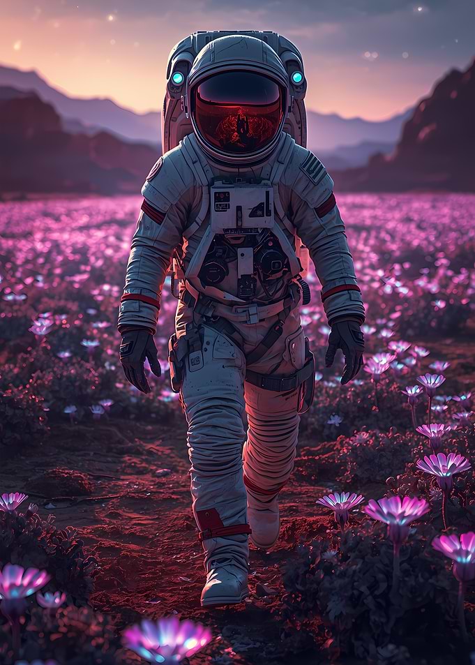 Astronaut in a field of flowers