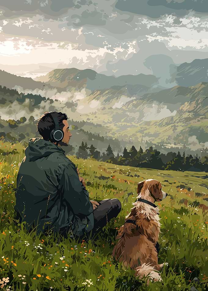 Man and Dog in Mountain Landscape