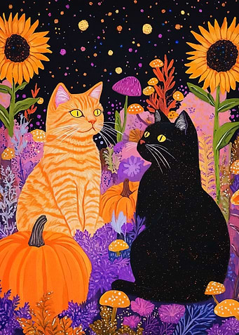 Cats whimsical autumn garden