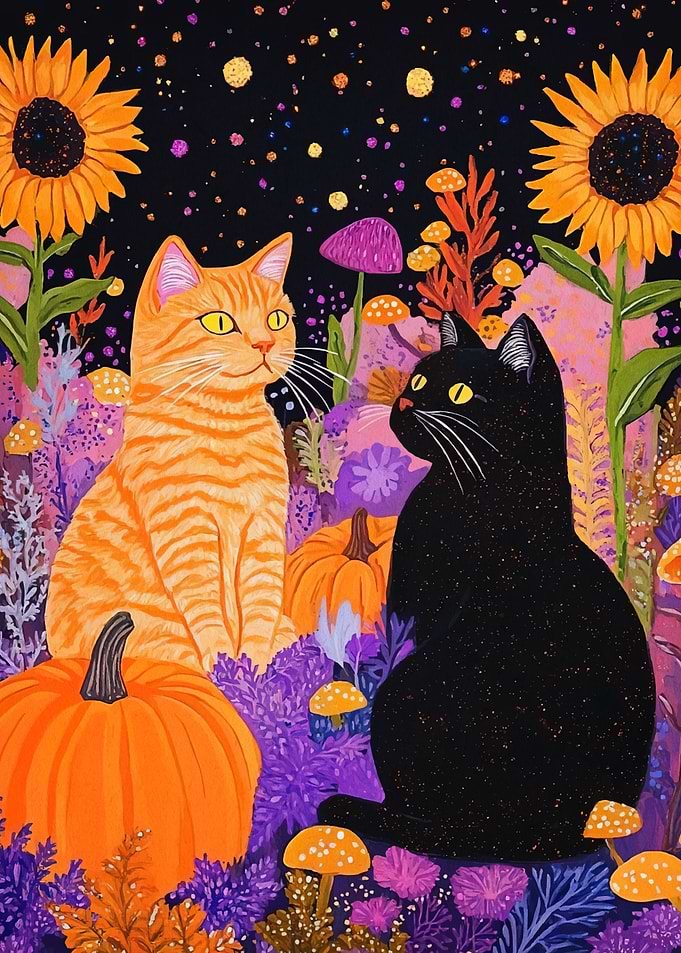 Cats whimsical autumn garden