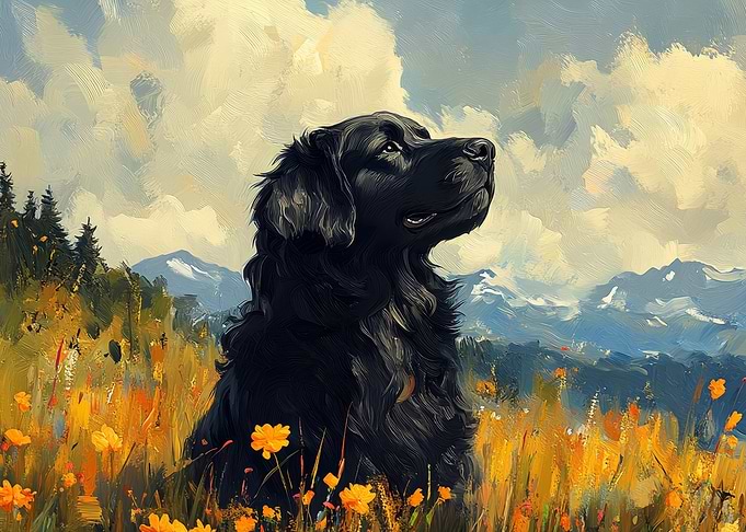 Black Dog in Mountain Meadow Painting | Noble Nature Dog Art