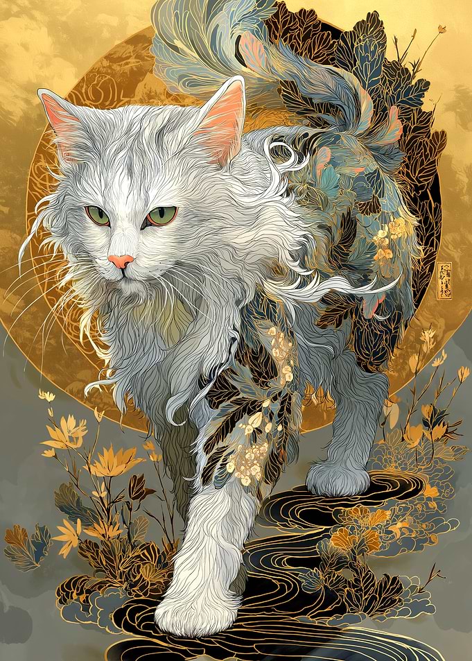 Ornate Cat Portrait with Floral Details