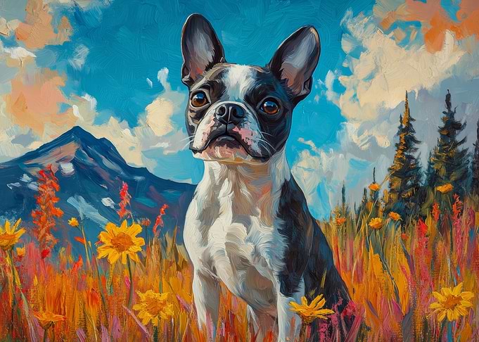 Boston Terrier in a Floral Landscape | Bold Mountain Pup Art