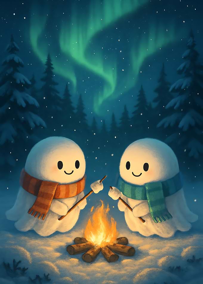 Cozy Winter Ghosts Roasting Marshmallows Under Northern Lights