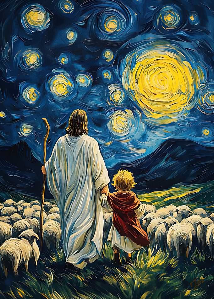 Jesus Child Sheep Starry Night