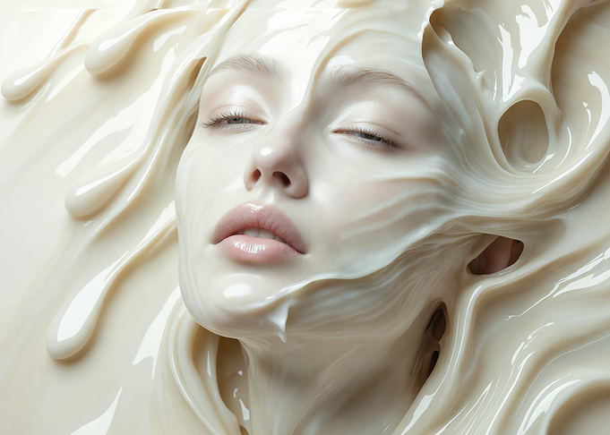 Woman's face covered in white liquid