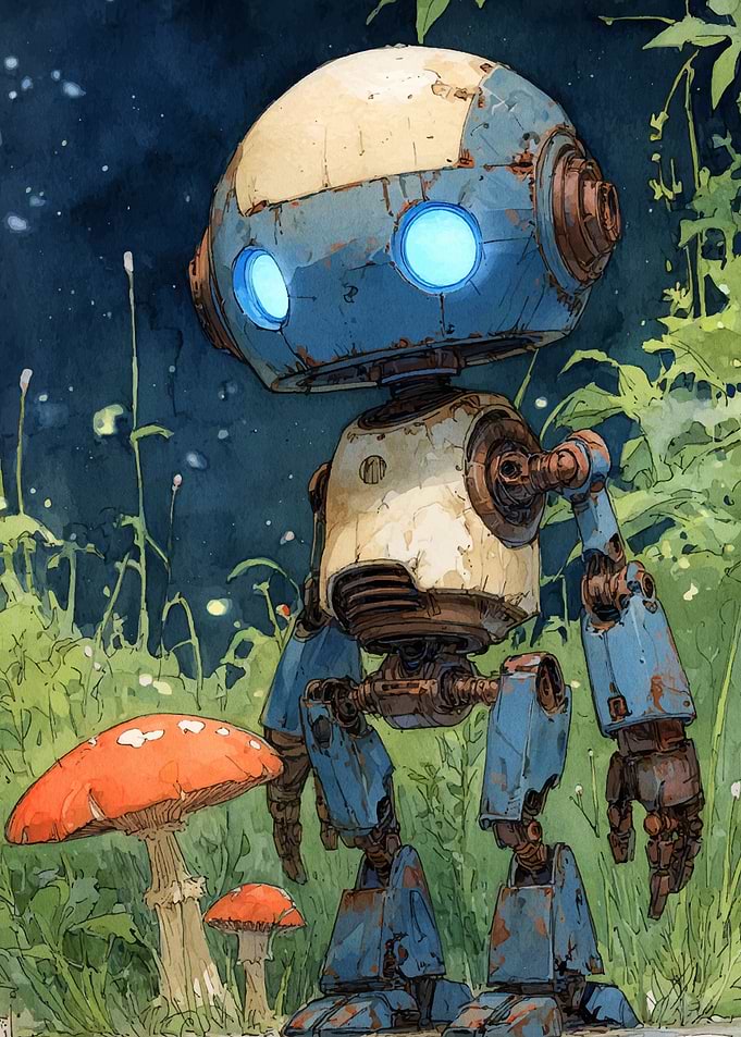 Blue Robot in a Grassy Field