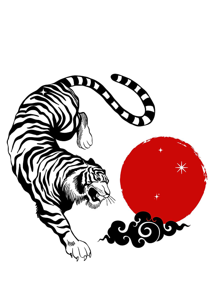 Tiger, Red Sun, and Clouds Illustration