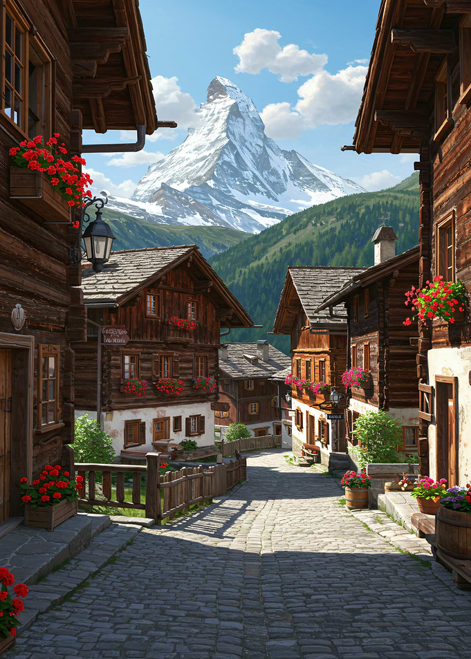 Picturesque Village with Mountain Backdrop