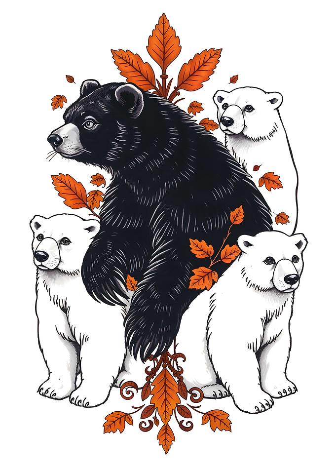 Bear Family with Autumn Leaves