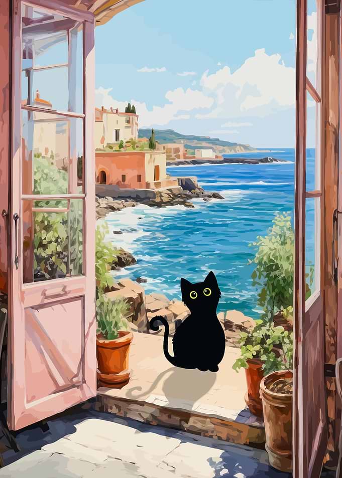 Black Cat by the Sea View