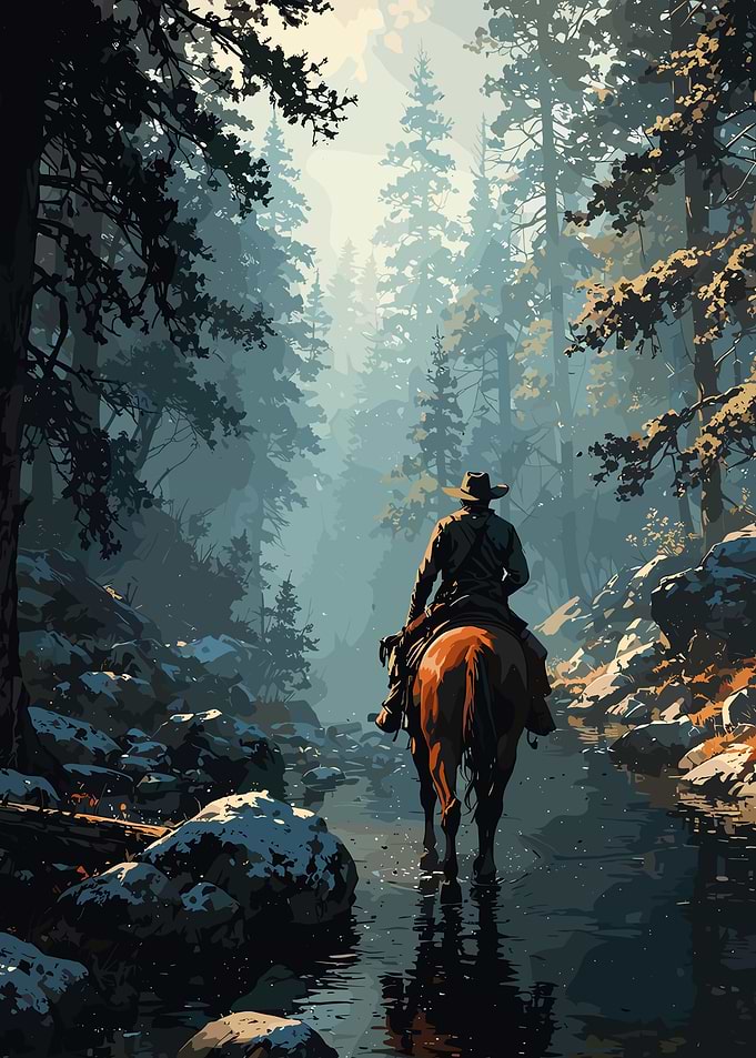 Cowboy on Horseback in Forest Stream