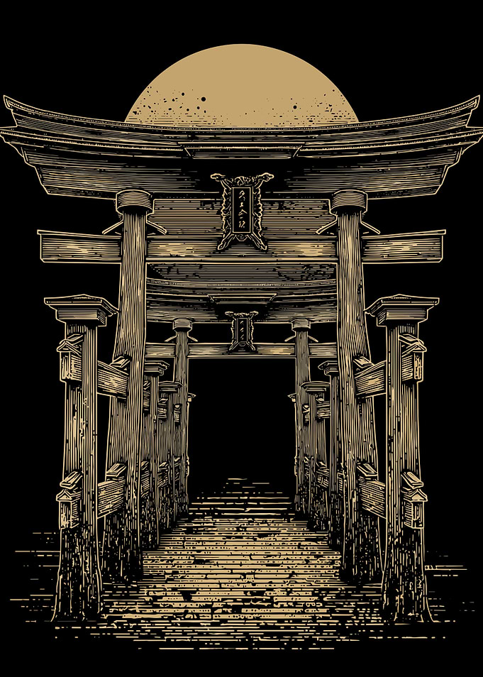 Japanese Torii Gate with Rising Sun