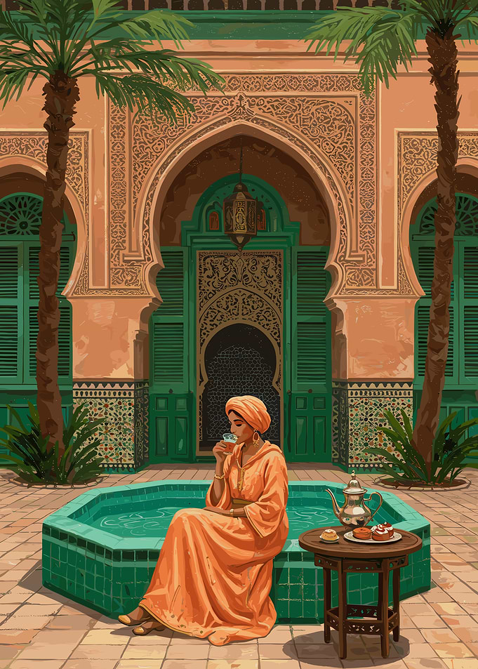 Moroccan Woman Drinking Tea in Courtyard
