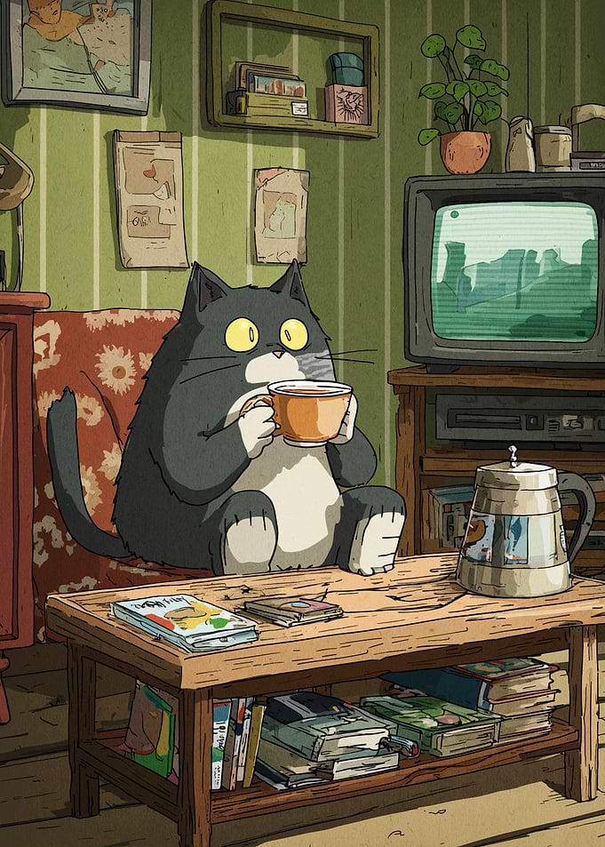 Cat Drinking Tea Watching TV