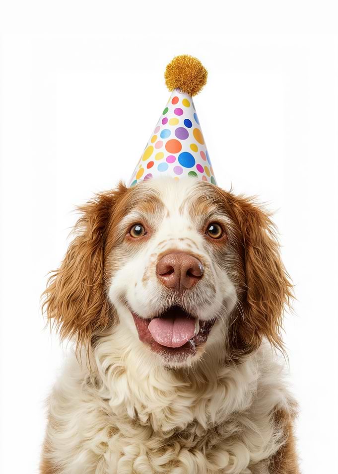 Clumber Spaniel Dog with Birthday Hat
