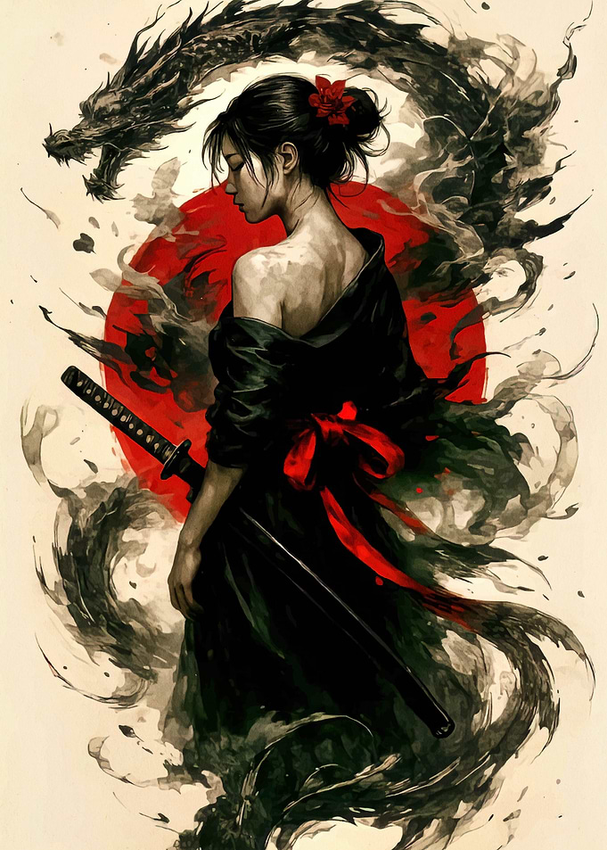Samurai Woman with Dragon and Katana