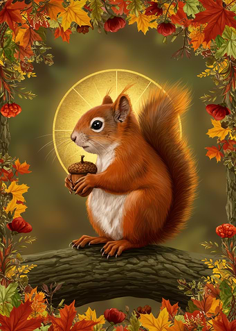 Squirrel with Acorn in Autumn Frame