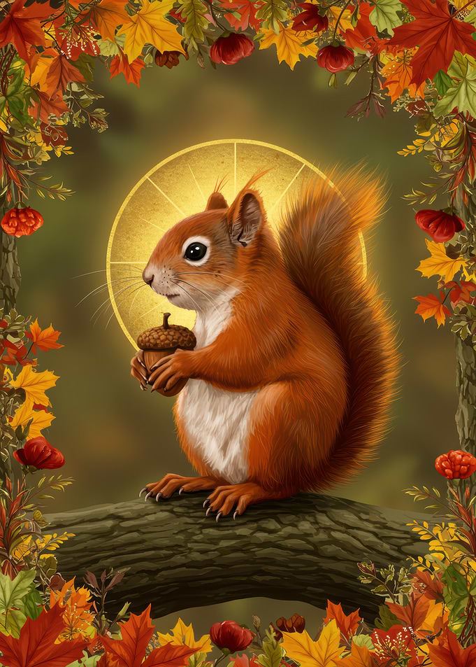 Squirrel with Acorn in Autumn Frame