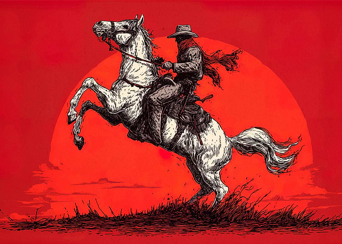 Cowboy on Rearing Horse, Red Background