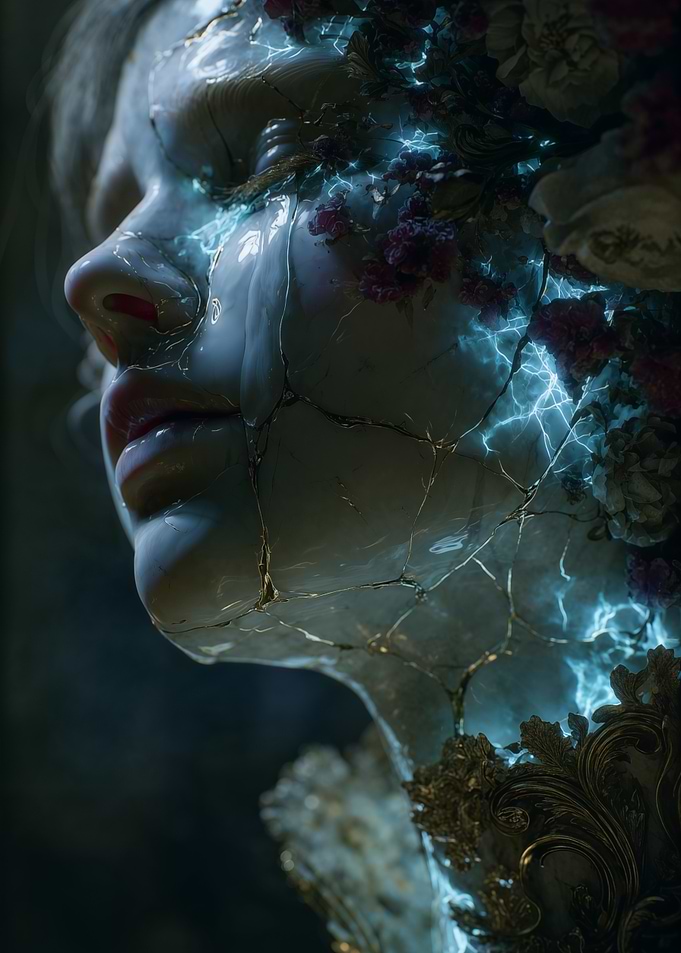 Cracked Porcelain Face with Flowers