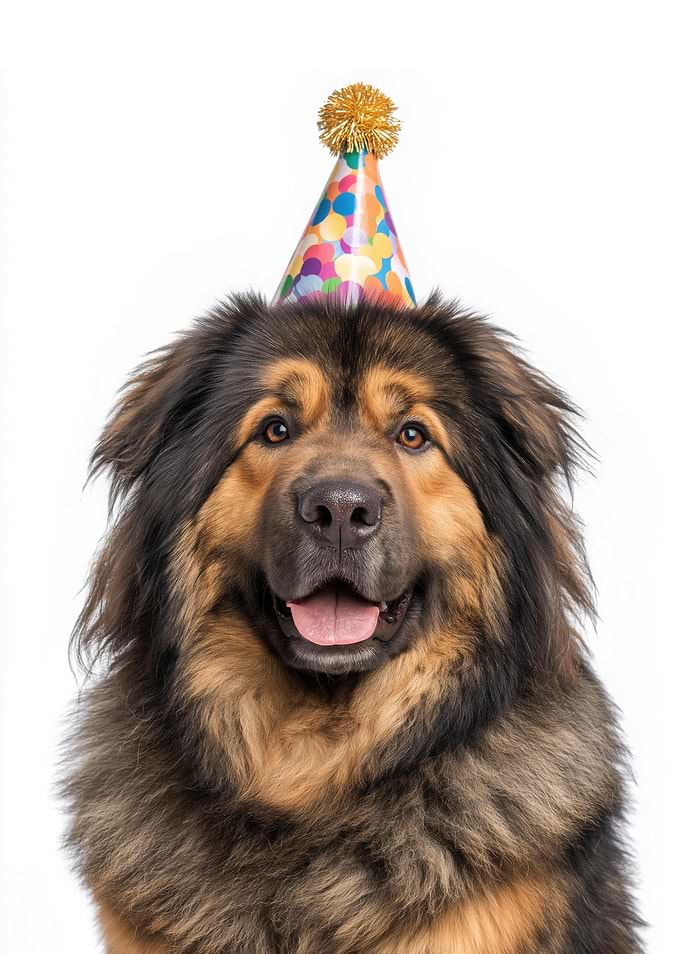 Tibetan Mastiff Dog with Party Hat Portrait