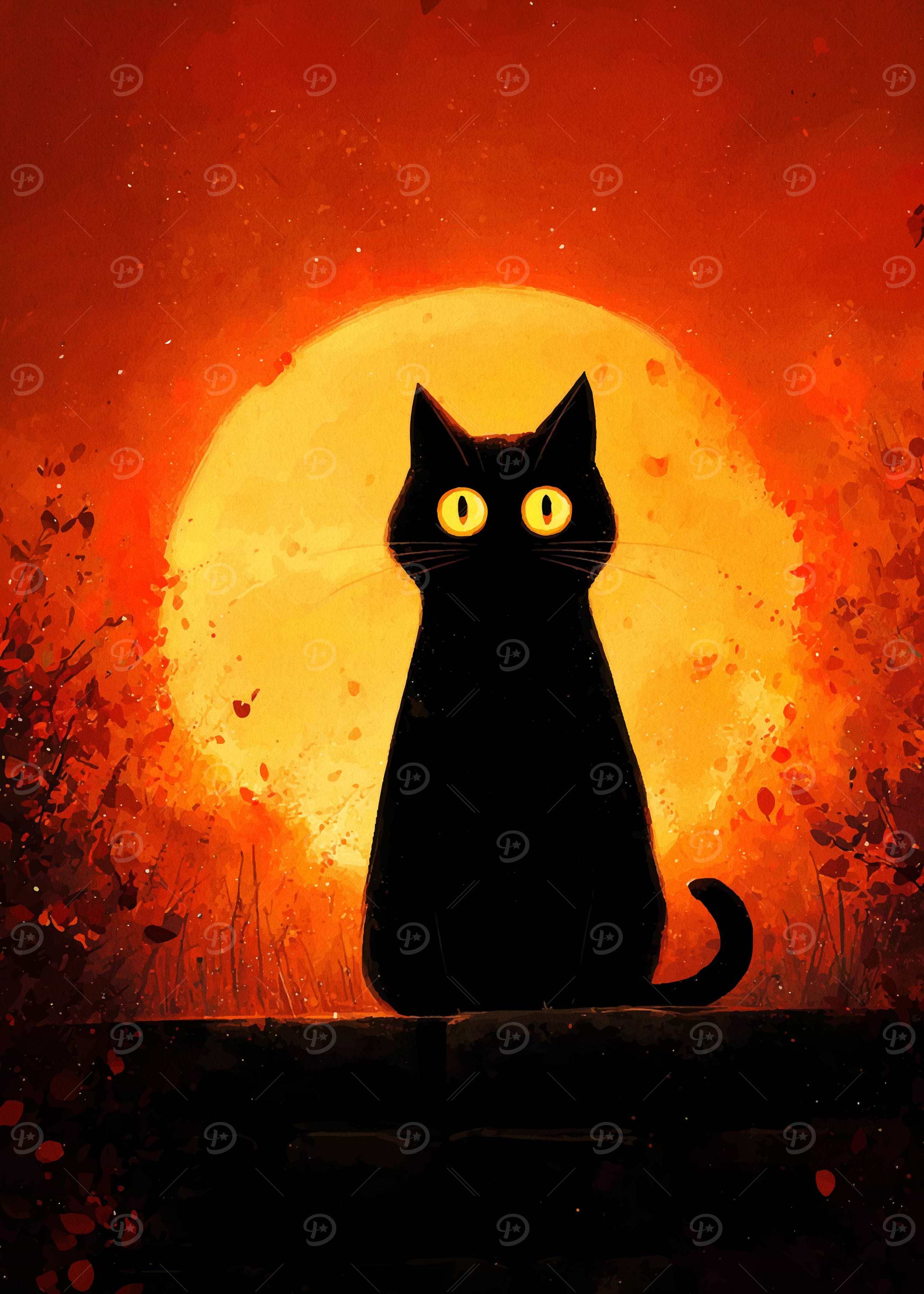 Black Cat Silhouette with Orange Moon