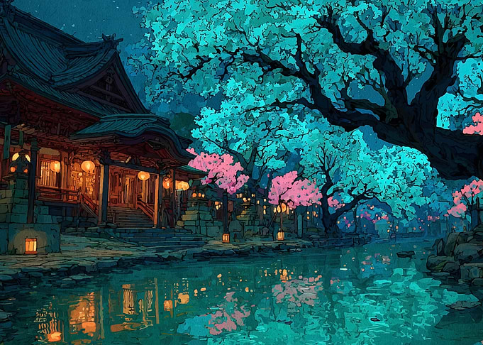 Japanese Temple and Cherry Blossoms at Night