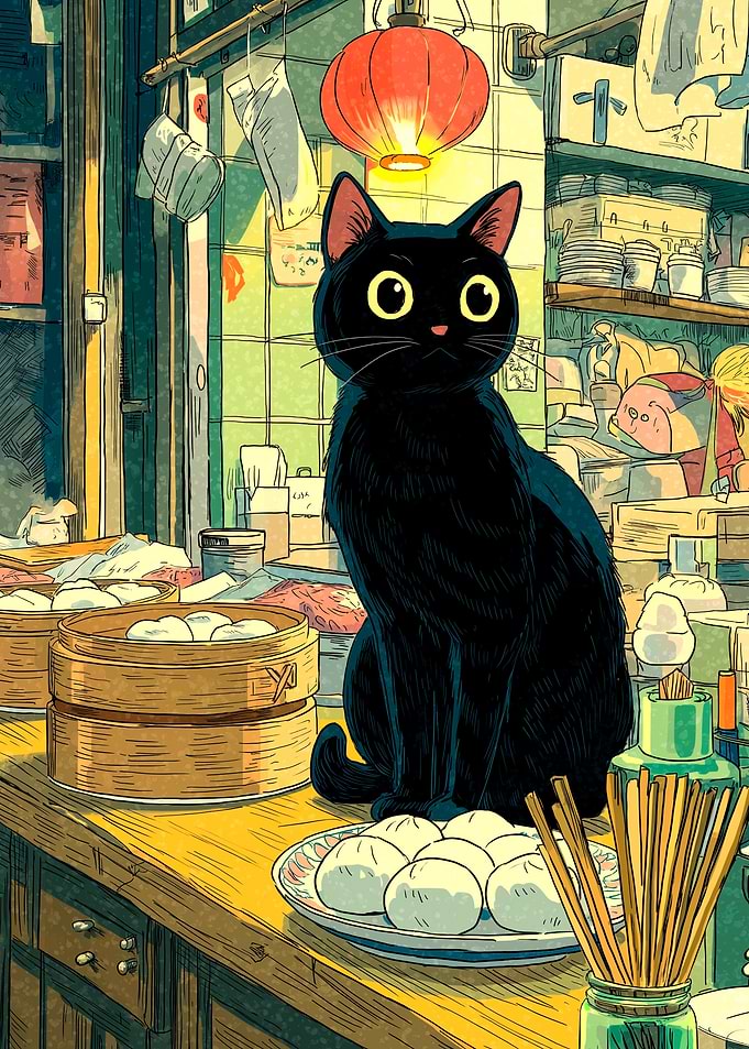 Black Cat in a Dim Sum Restaurant