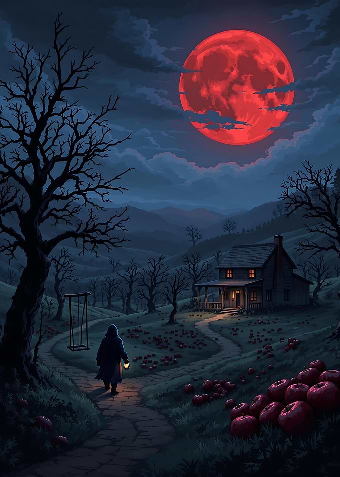 Red Moonlit Path to Haunted House