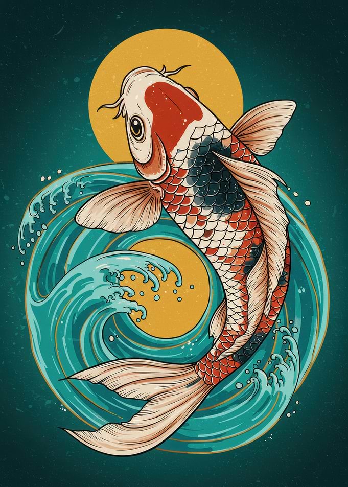 Koi Fish and Waves Illustration