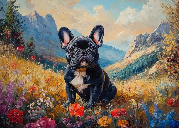 French Bulldog in Mountain Landscape Painting | Sweet Mountain Pup Art