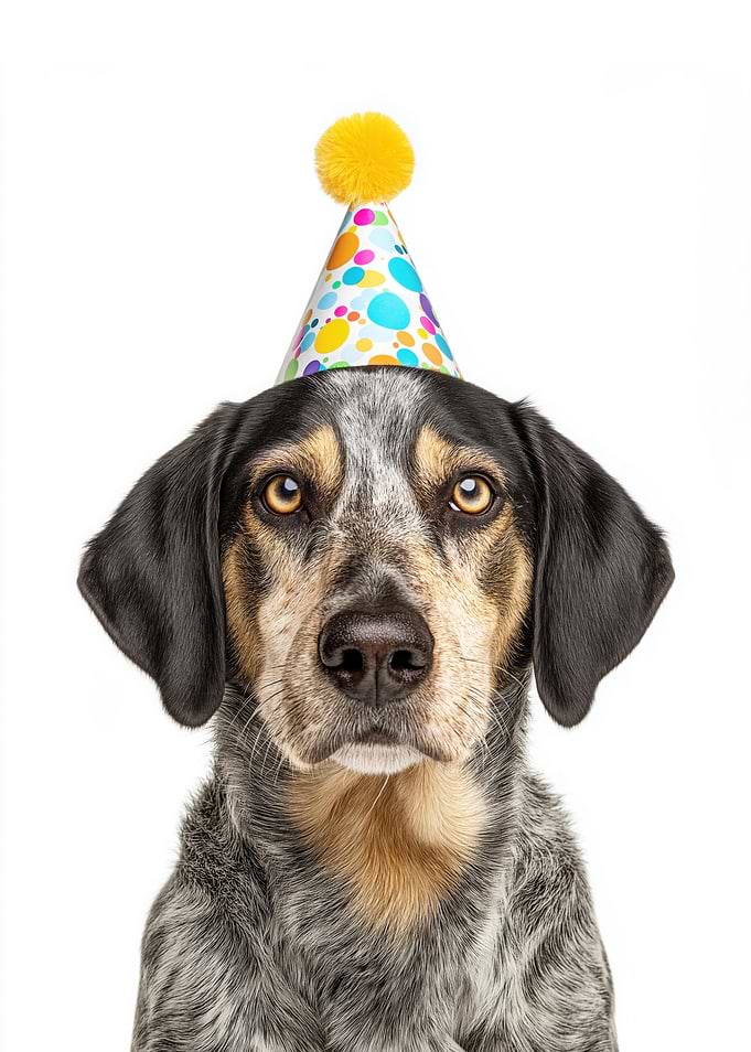 Bluetick Coonhound Dog with Party Hat Portrait