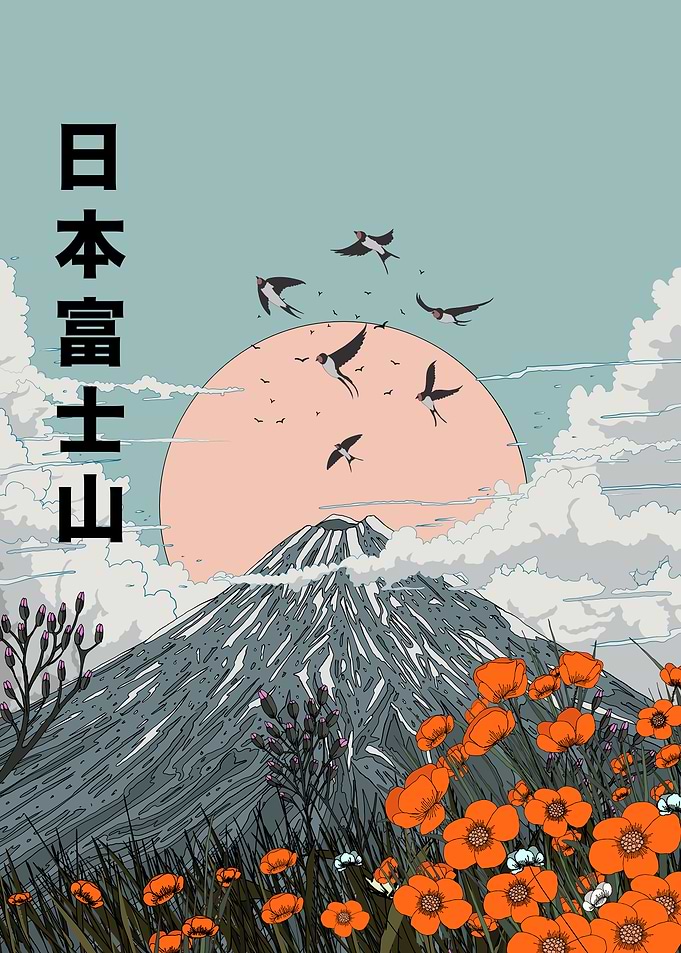Mount Fuji with Birds and Flowers