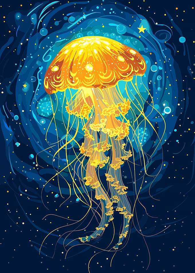Glowing Jellyfish in Deep Blue Sea