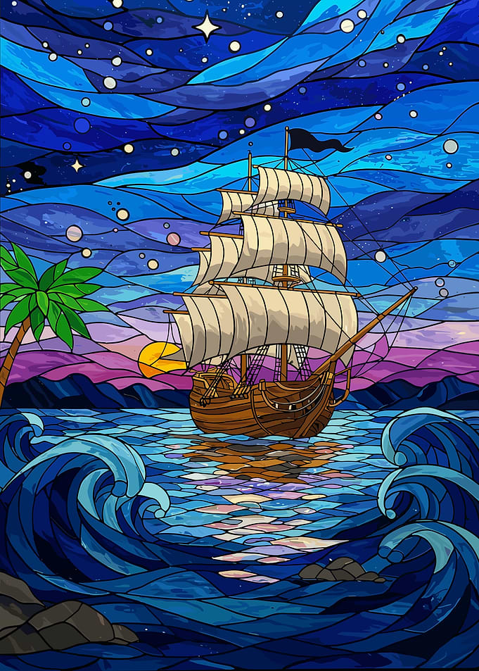Stained Glass Ship at Sea