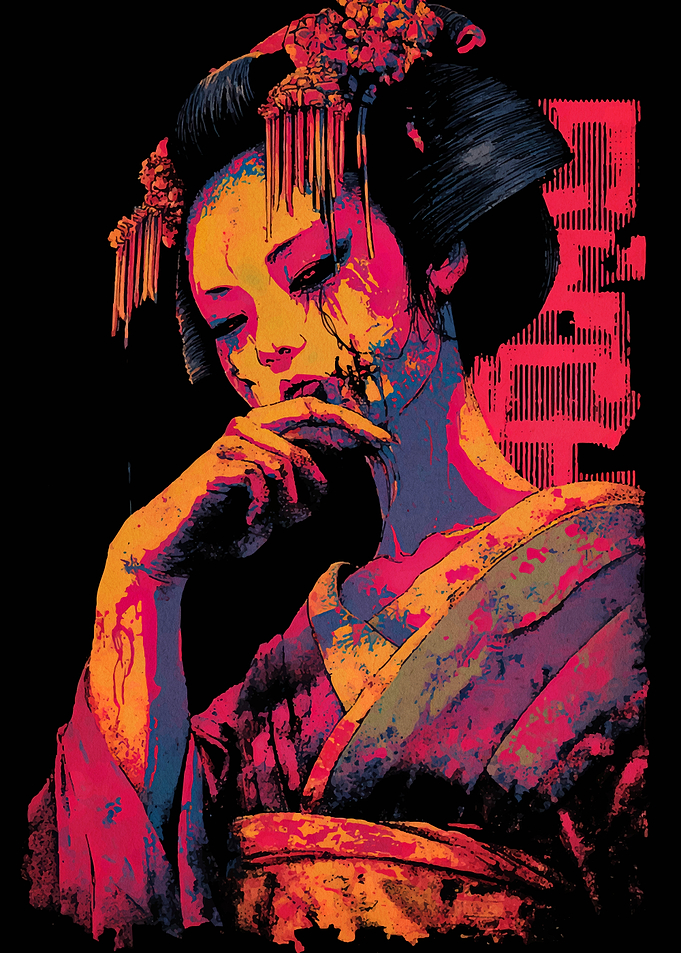 Colorful Geisha Portrait with Japanese Text