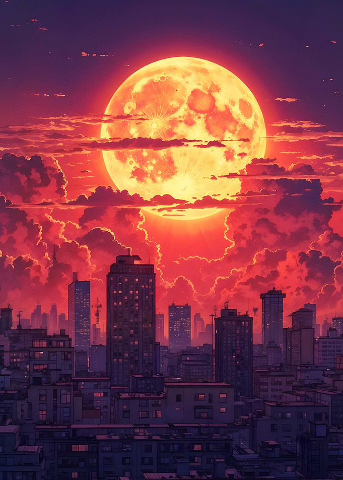 Neon Moonrise Over the City 2/3