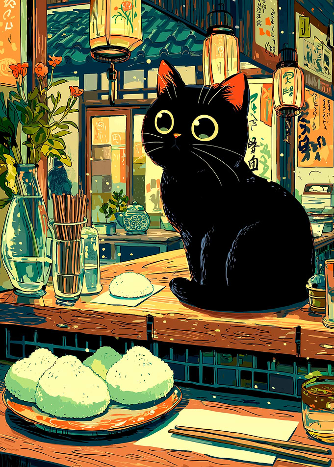 Black Cat in Japanese Restaurant