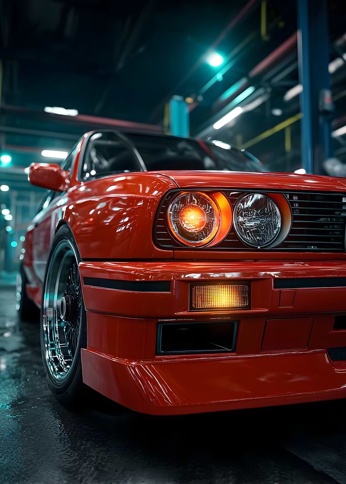 Red BMW E30 in Garage